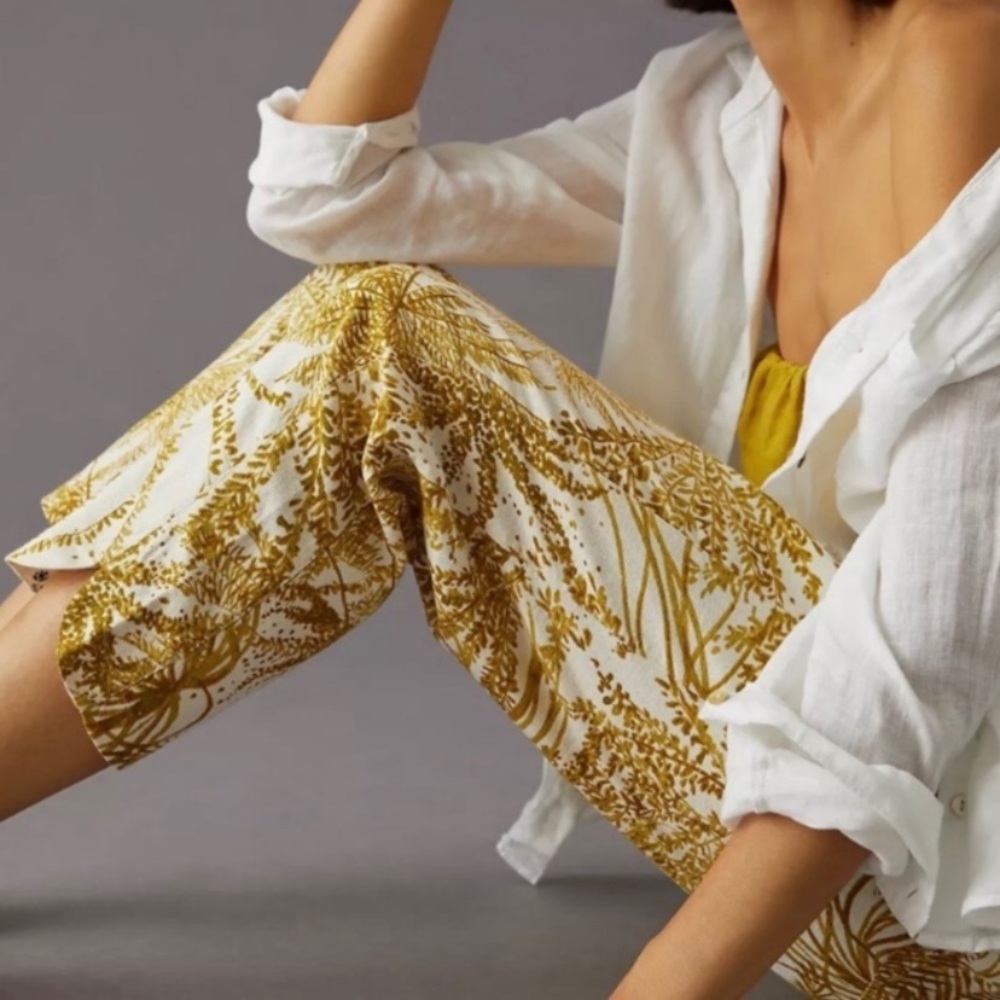 Pilcro White Cropped Pants with Mustard Botanical Print